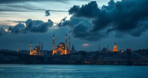 A scenic view of Istanbul's skyline, with monuments symbolizing diplomacy, before a stormy sky hinting political tension.