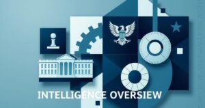 A conceptual representation of intelligence and oversight, showcasing abstract symbols of power and scrutiny in blue and gray tones.