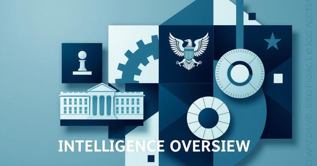 A conceptual representation of intelligence and oversight, showcasing abstract symbols of power and scrutiny in blue and gray tones.