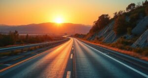 A serene highway with a blurred background, symbolizing caution and vigilance in road safety.