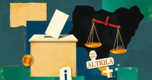 A conceptual representation of democracy's challenges in Nigeria, featuring symbols of voting, justice, and civic duty.
