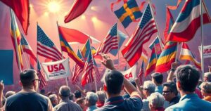 A vibrant political rally scene with flags, banners, and a crowd showing their support for a candidate.