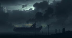 Silhouette of a military base surrounded by a somber and dark atmosphere under a moody sky.