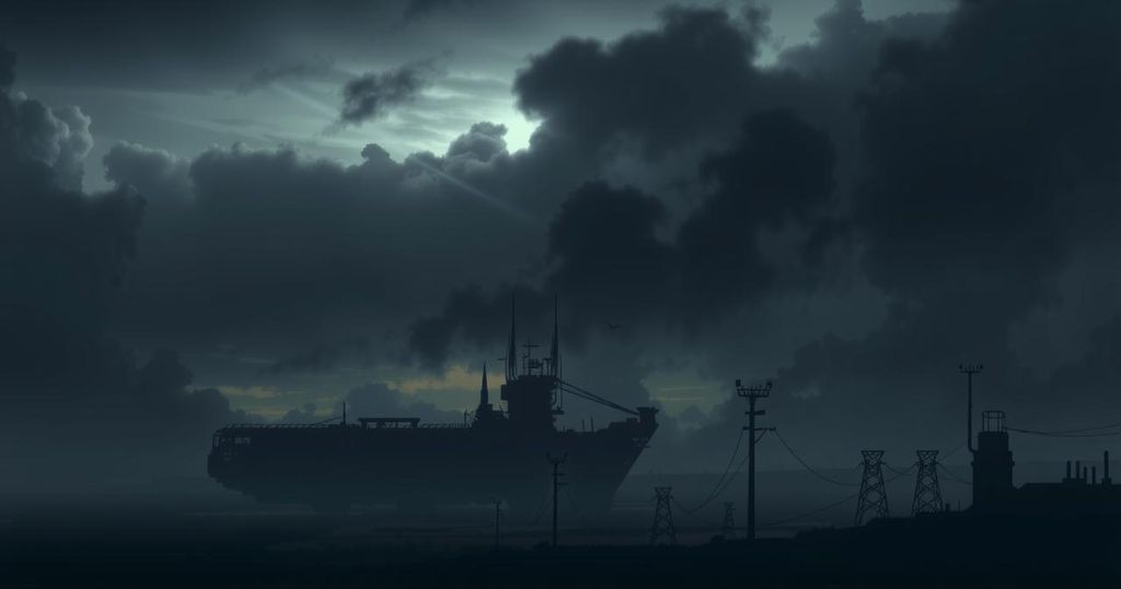Silhouette of a military base surrounded by a somber and dark atmosphere under a moody sky.