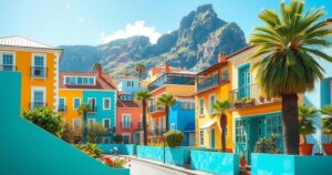 A scenic view of Cape Town with colorful buildings and vibrant nature, reflecting a light-hearted atmosphere.