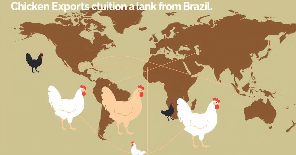 Brazil chicken exports decline, represented by a graphic of chicken silhouettes and trade routes in muted colors.