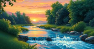 A tranquil landscape with a flowing river, lush greenery, and a vibrant sunset over a peaceful horizon.