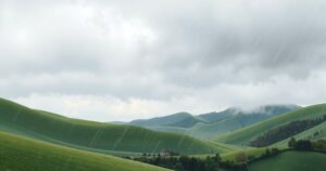 Cool weather scene in Montana with clouds and light showers over green hills.