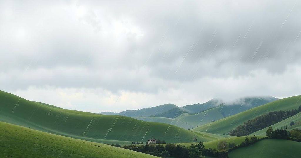 Cool weather scene in Montana with clouds and light showers over green hills.