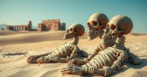 Detailed analysis of unusual mummies in a desert landscape with elongated skulls against a backdrop of ancient ruins.