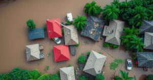 Aerial view of a flooded market town surrounded by greenery, illustrating climate change impact.