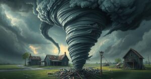 Dramatic tornado swirling above a devastated landscape with destroyed buildings and scattered debris in muted colors.