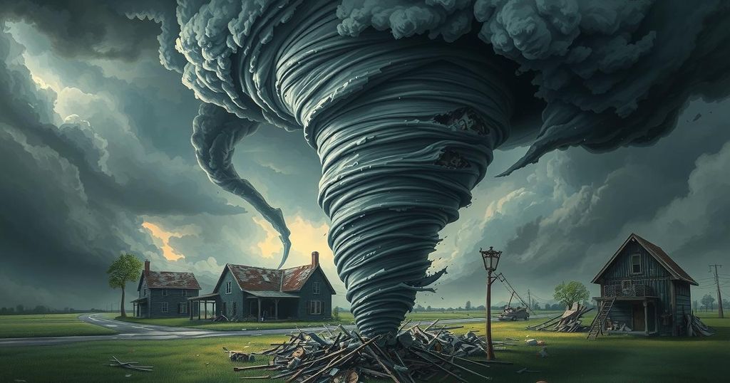 Dramatic tornado swirling above a devastated landscape with destroyed buildings and scattered debris in muted colors.