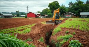 Excavator digging trench on a poultry farm amid health safety measures in a rural Brazilian landscape.