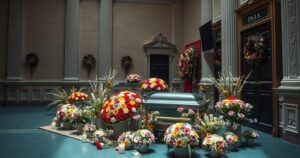 A tribute scene at Uruguay's Legislative Palace with a casket, flowers, and somber decor in muted colors.