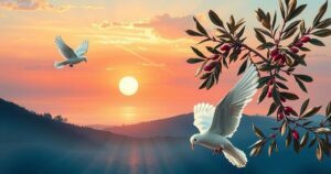 Turkish landscape with symbols of diplomacy like olive branches and doves against a sunset background.