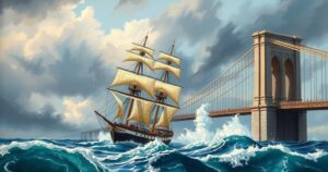 A dramatic scene depicting the Brooklyn Bridge with a tall sailing ship nearby, surrounded by stormy skies and turbulent waters.