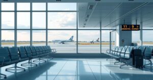A serene airport scene with empty seats, a tranquil sky outside, and quiet tarmac, symbolizing migration transitions.