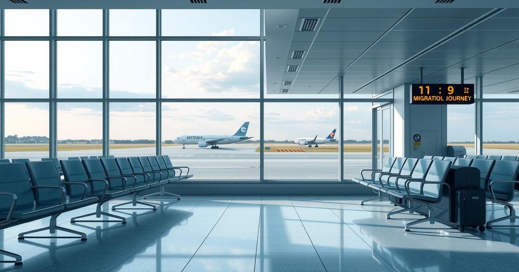 A serene airport scene with empty seats, a tranquil sky outside, and quiet tarmac, symbolizing migration transitions.