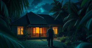 Illustration of a house in Timor-Leste at night, surrounded by bright tropical plants and a shadowy figure outside.