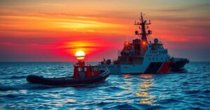 Coast Guard vessel towing a boat in a sunset at sea, showcasing teamwork and maritime safety.