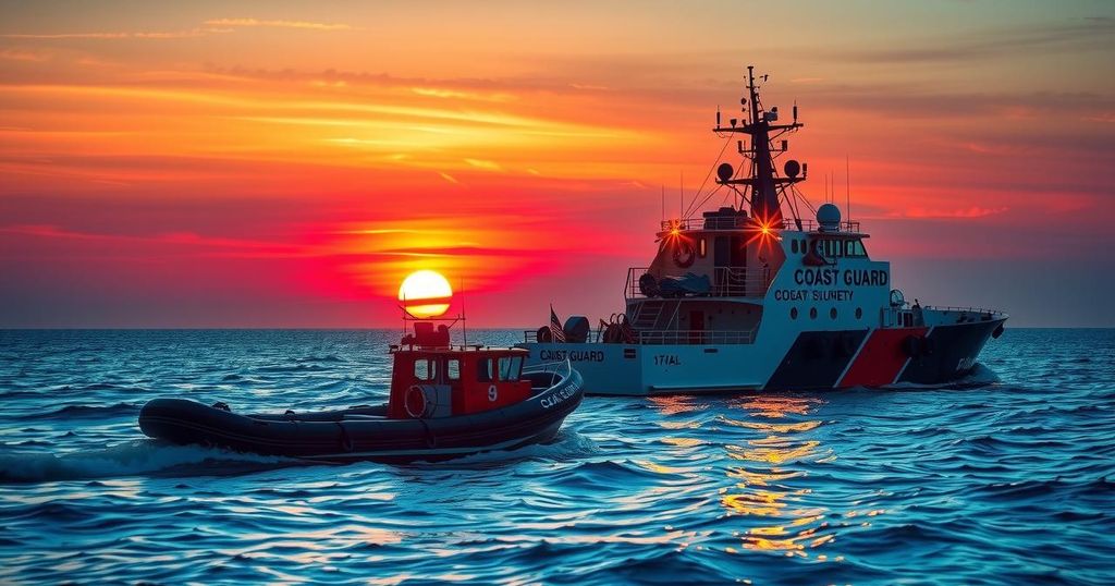 Coast Guard vessel towing a boat in a sunset at sea, showcasing teamwork and maritime safety.
