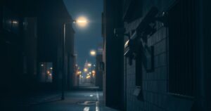 A dark alley with surveillance cameras and a blurred cityscape background, highlighting a sense of intrigue and caution.