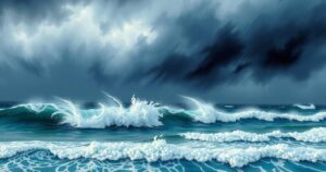 Colorful ocean waves crashing against the shore with dark clouds overhead, symbolizing an active hurricane season.