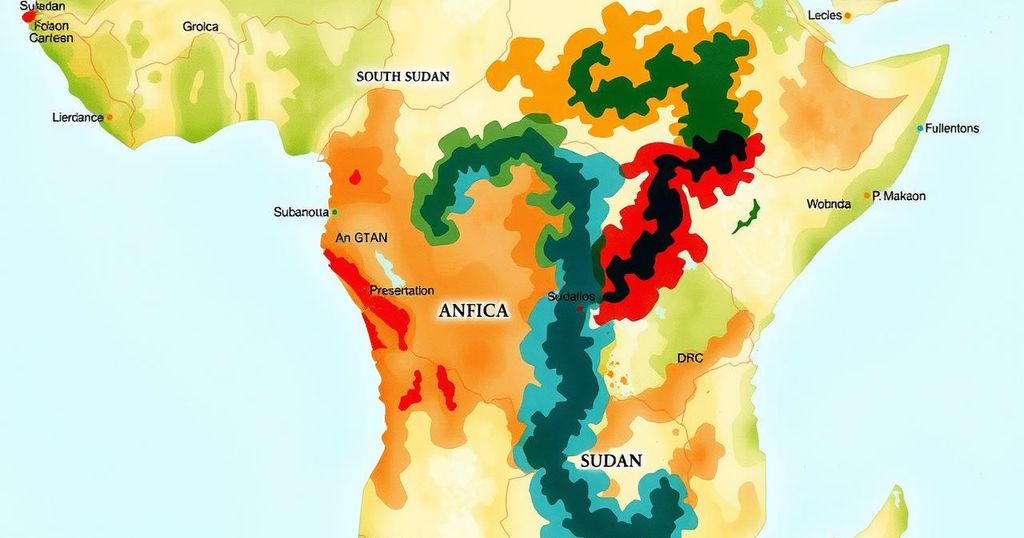 A detailed map of Africa highlighting South Sudan, Angola, DRC, and Sudan, showcasing the impact of widespread cholera outbreaks.