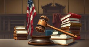 A courtroom scene with a gavel, legal books, and an American flag in muted colors, reflecting legal proceedings.