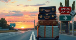 Mexican border with scenic sunset, two suitcase stacks symbolizing family, and highway signs merged into the view.
