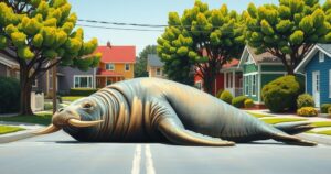 A large elephant seal lounging on a suburban street surrounded by colorful houses and green trees.