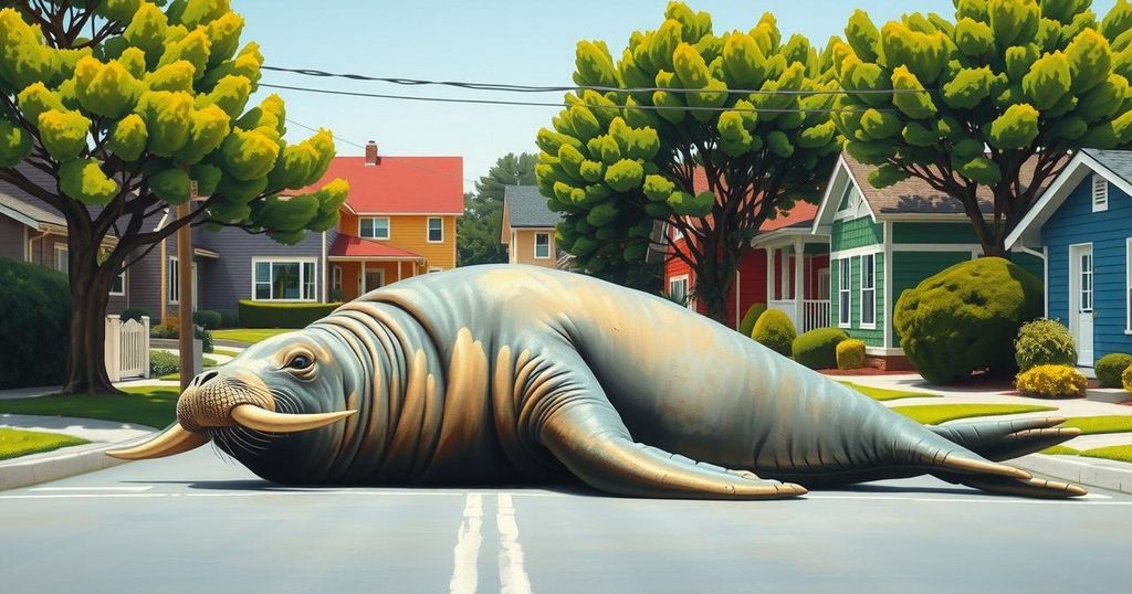 A large elephant seal lounging on a suburban street surrounded by colorful houses and green trees.