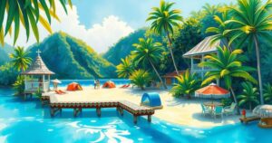 Colorful watercolors of tropical beaches, lush jungles, and festival decorations representing the Cook Islands.
