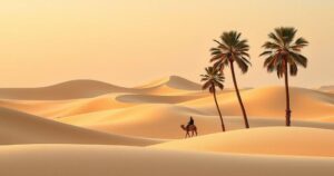 Abstract representation of parametric catastrophe insurance, featuring UAE landscapes and safety icons in warm colors.