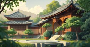 A serene landscape showcasing traditional architecture and nature, with soft, earthy tones reflecting unity and peace.