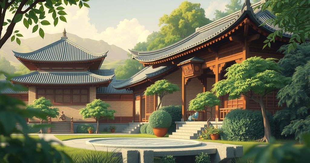 A serene landscape showcasing traditional architecture and nature, with soft, earthy tones reflecting unity and peace.