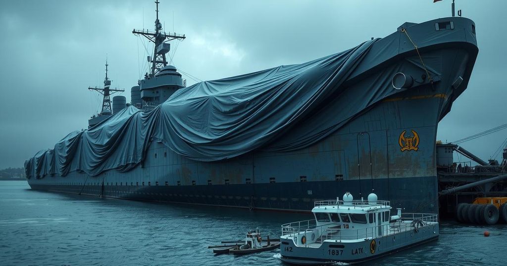 A derelict warship on its side, covered in blue tarpaulin, displayed against a somber backdrop.