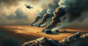 A tense military scene showing a defense base under threat, showcasing a dramatic sky with dark clouds and military vehicles.