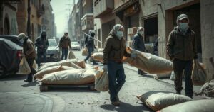 A group of body bags being handled by humanitarian workers in a somber setting, with muted earth tones in the background.