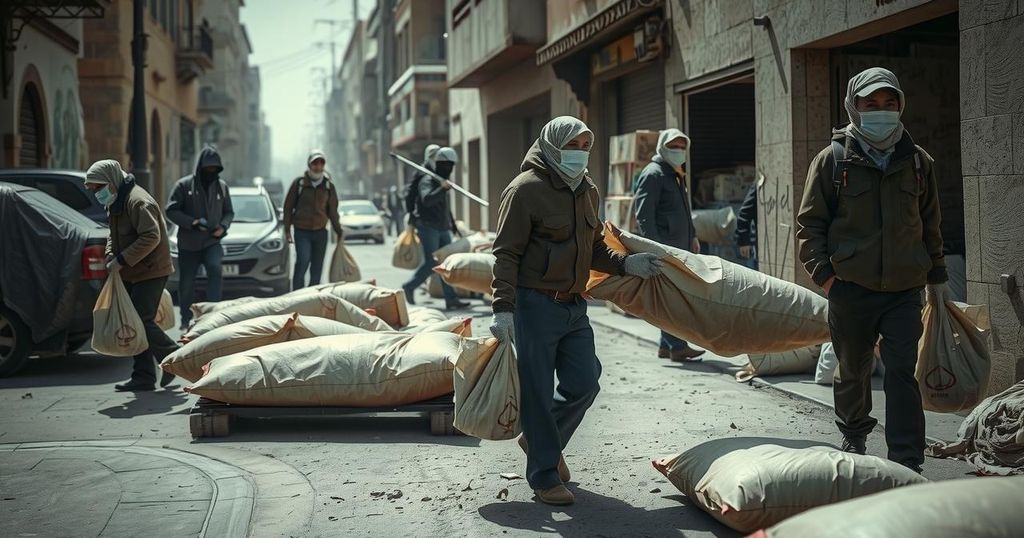 A group of body bags being handled by humanitarian workers in a somber setting, with muted earth tones in the background.