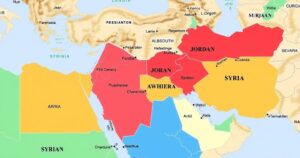 A map showcasing proposed land swaps in the Middle East with border lines redefined, in bright colors for clarity.