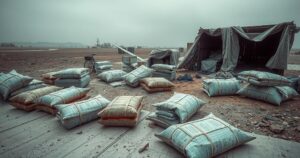 A somber landscape featuring humanitarian aid supplies in a war-affected area with muted colors.