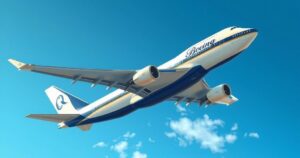 A luxury Boeing 747-8 jet in a clear blue sky, symbolizing national security discussions and political controversies.