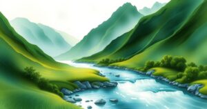 A serene landscape with mountains and rivers, showcasing the essence of environmental conservation efforts.