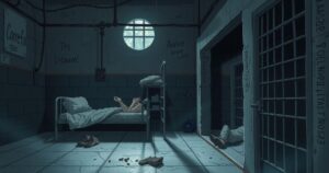 A stark, overcrowded prison cell depicting cramped quarters with dim lighting, crumbling walls, and a grim atmosphere.