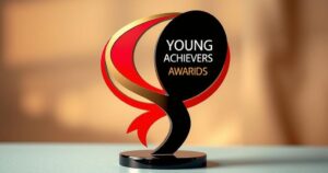 Young Achievers Africa Awards trophy with a vibrant background representing creativity and success in videography.