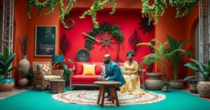 A vibrant Tanzanian reality show set, showcasing creative storytelling, marriage themes, and local culture.