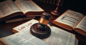 A gavel and law books symbolizing justice and legal proceedings in a courtroom setting.