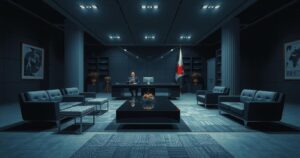 Abstract representation of a geopolitical negotiation in an office setting with dramatic lighting.